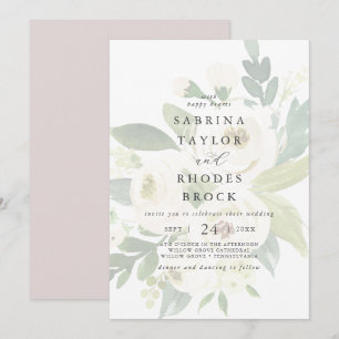 Elegant Vit Blommigt Mauve Faded Bröllop Inbjudningar