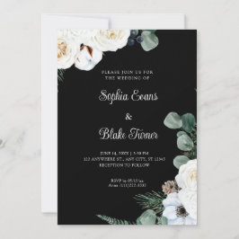 Elegant Vit Blommigt med Greenery Black Bröllop Inbjudningar