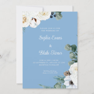 Elegant Vit Blommigt med Greenery Blue Bröllop Inbjudningar