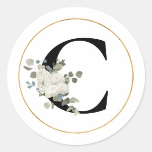 Elegant Vit Blommigt Monogram Brev C på vit Runt Klistermärke