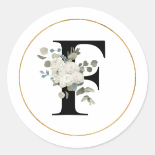 Elegant Vit Blommigt Monogram Brev F på vit Runt Klistermärke