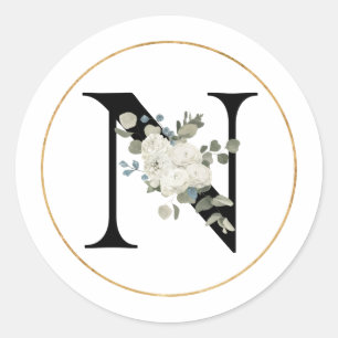 Elegant Vit Blommigt Monogram Brev N på vit  Runt Klistermärke