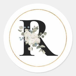 Elegant Vit Blommigt Monogram Brev R på vit Runt Klistermärke