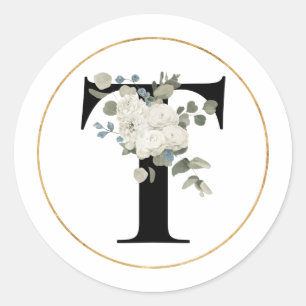 Elegant Vit Blommigt Monogram Brev T på vit Runt Klistermärke