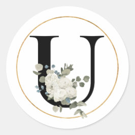 Elegant Vit Blommigt Monogram Brev U på vit  Runt Klistermärke