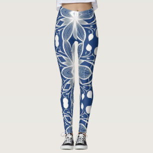 Elegant Vit Blommigt Mönster på Deep Blue Leggings
