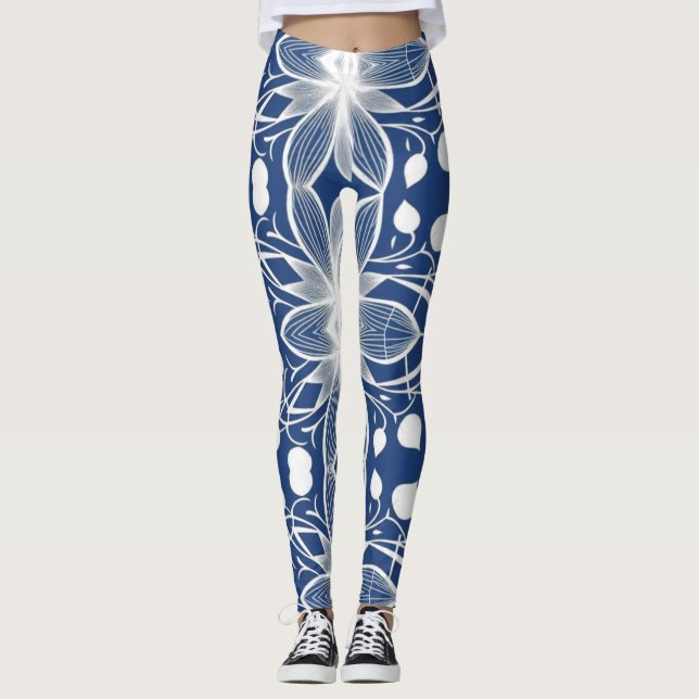 Elegant Vit Blommigt Mönster på Deep Blue Leggings (Framsida)
