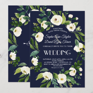 Elegant Vit Blommigt Mörk blått Bröllop Inbjudningar