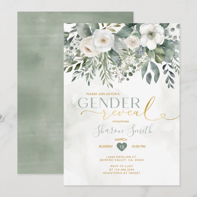 Elegant Vit Blommigt och Eucalyptus Gender Inbjudningar (Fram/baksida)