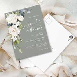 Elegant Vit Blommigt på Sage Grönt Bröllop Vykort