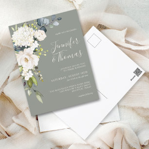 Elegant Vit Blommigt på Sage Grönt Bröllop Vykort