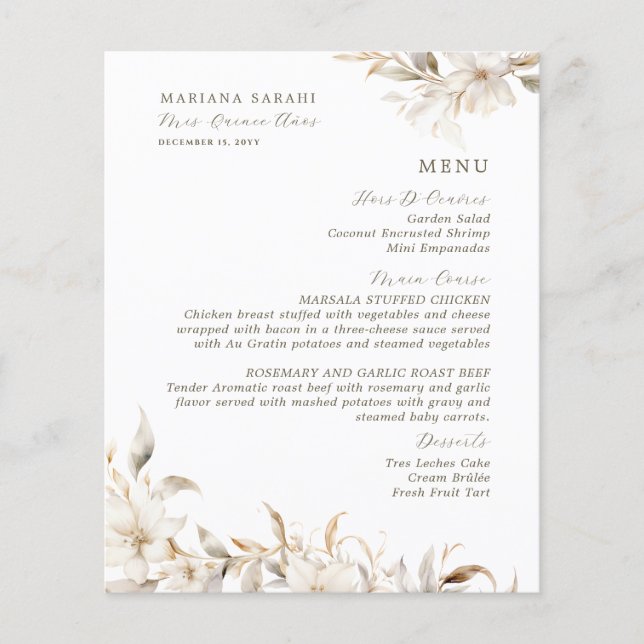 Elegant Vit Blommigt Quinceanera Food Drinks Menu (Framsida)