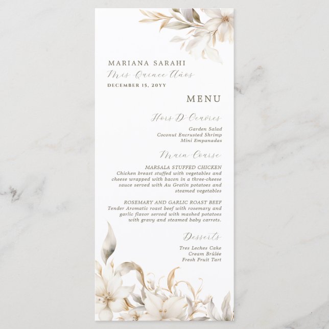 Elegant Vit Blommigt Quinceanera Food Drinks Menu Meny (Framsida)