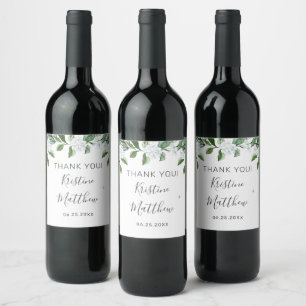 Elegant Vit Blommigt Sage Greenery WAN Bröllop Vinflaska Etikett