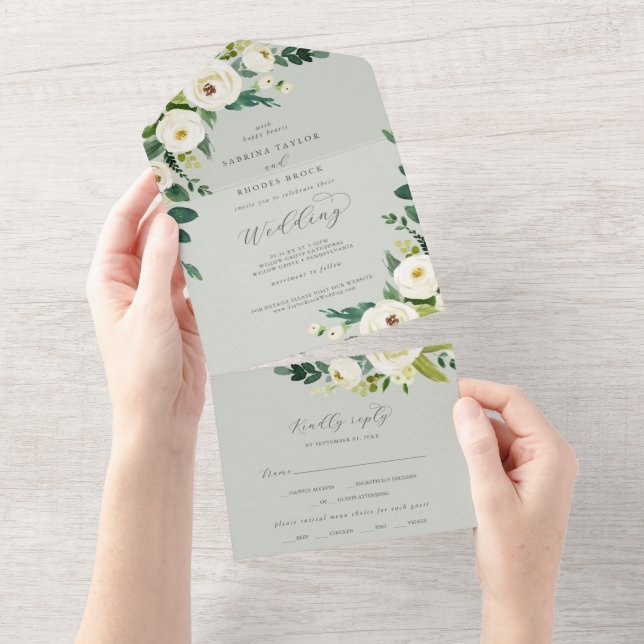 Elegant Vit Blommigt | Sage Mint Bröllop (Avrivbar del)