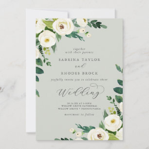 Elegant Vit Blommigt Sage Mint Bröllop Inbjudningar