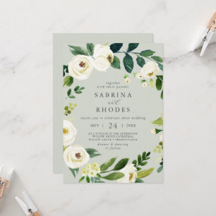 Elegant Vit Blommigt Sage Mint Front Bröllop Inbjudningar