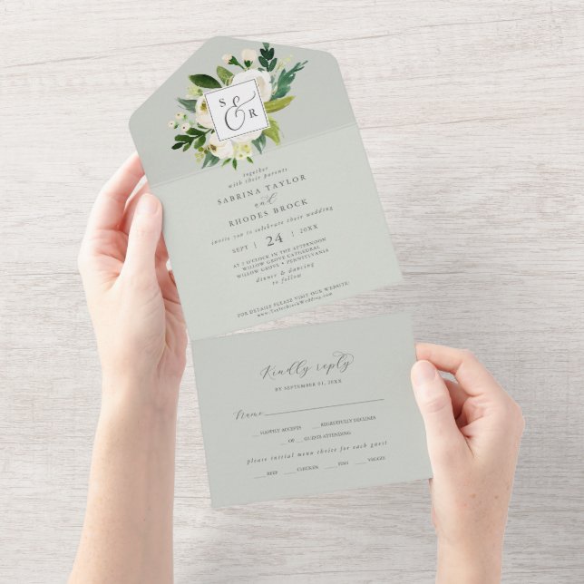 Elegant Vit Blommigt | Sage Mint Monogram Bröllop (Avrivbar del)