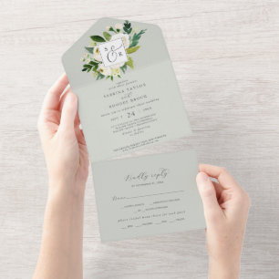 Elegant Vit Blommigt Sage Mint Monogram Bröllop