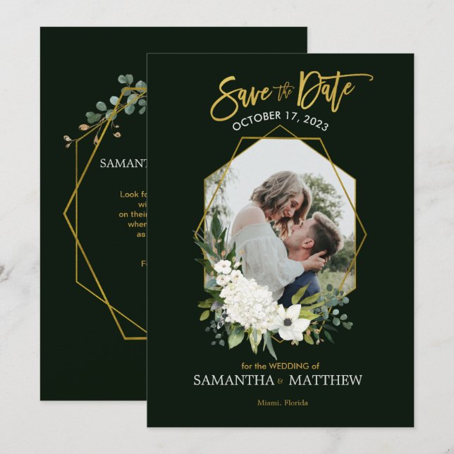 Elegant Vit Blommigt, svart geometriskt foto med G Spara Datumet (Fram/baksida)