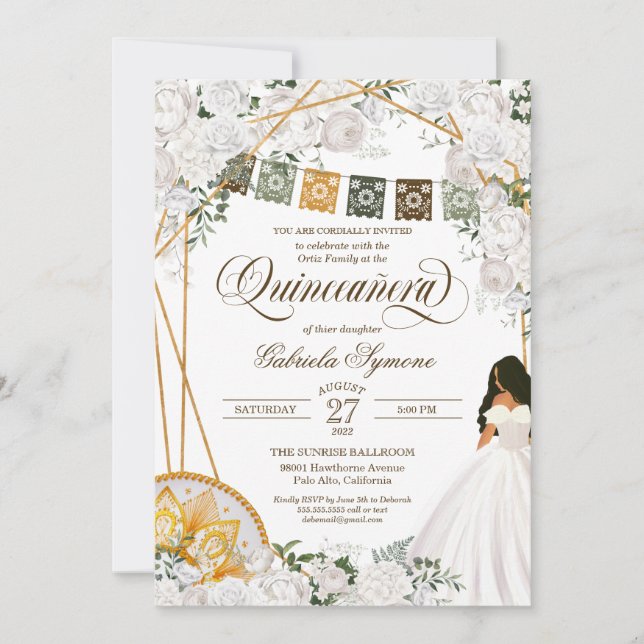 Elegant Vit Blommigt Western Charro Quinceanera Inbjudningar (Framsida)