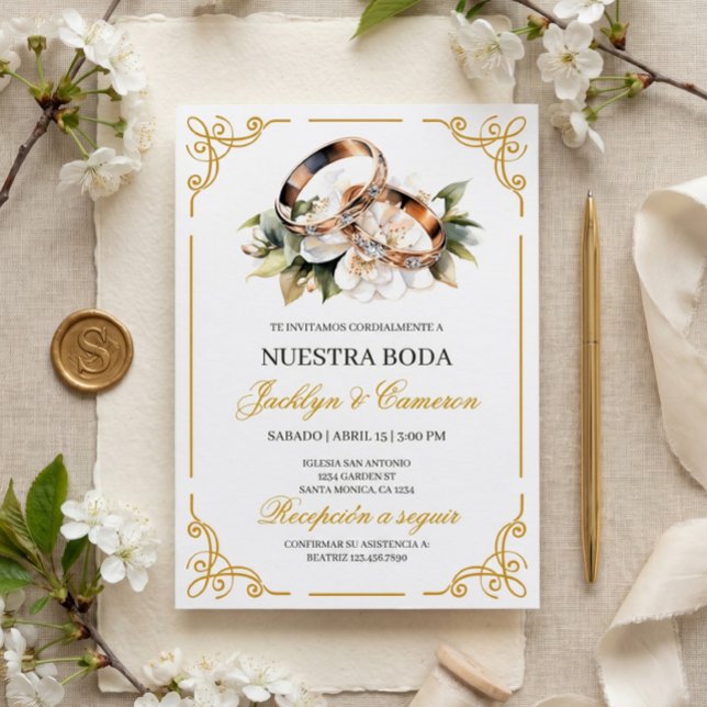 Elegant vit blomring spansk bröllop inbjudningar (Skapare uppladdad)