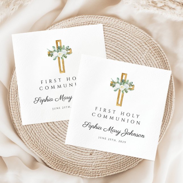Elegant vit blomster första kommunion pappersservett (Elegant White Floral First Communion Napkins)