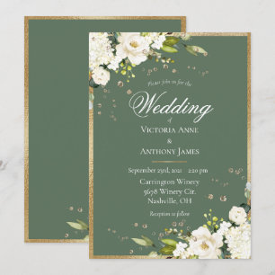 Elegant vit blomster- guld grön bröllops- inbjudningar