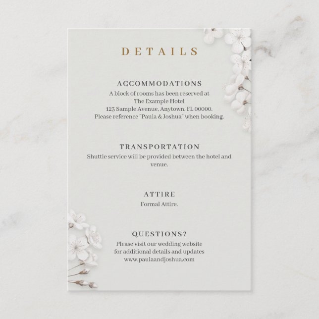 Elegant vit blomster guldmanus detaljer bröllop tilläggskort (Framsida)
