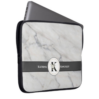 Elegant vit blomster monogram & namn marmorerad lo laptop fodral