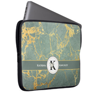 Elegant vit blomster monogram & namn teal marmor laptop fodral