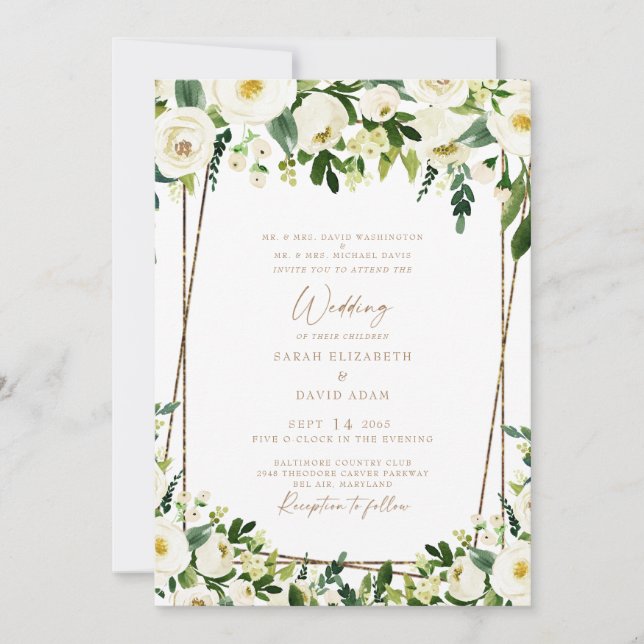 Elegant vit blomster- och guldbröllop för båda för inbjudningar (Framsida)