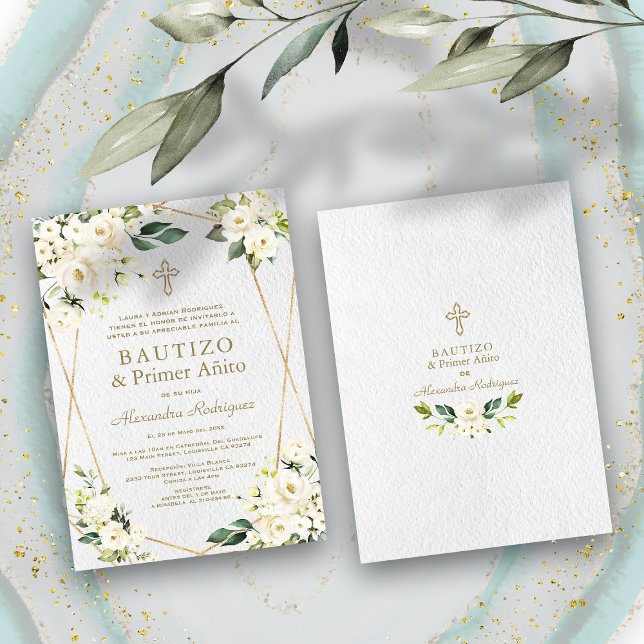 Elegant vit blomster spansk 1-års födelsedag Dop Inbjudningar (Skapare uppladdad)