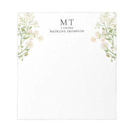 Elegant vit blomster- vildblomma klassisk monogram anteckningsblock