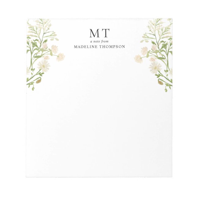 Elegant vit blomster- vildblomma klassisk monogram anteckningsblock (Framsida)