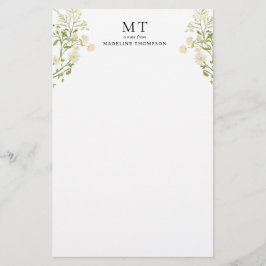 Elegant vit blomster- vildblomma klassisk monogram brevpapper