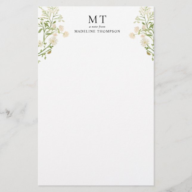 Elegant vit blomster- vildblomma klassisk monogram brevpapper (Framsida)