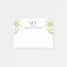 Elegant vit blomster- vildblomma klassisk monogram post-it block