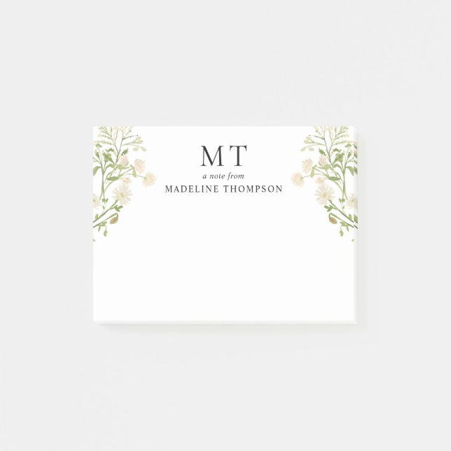Elegant vit blomster- vildblomma klassisk monogram post-it block (Framsida)