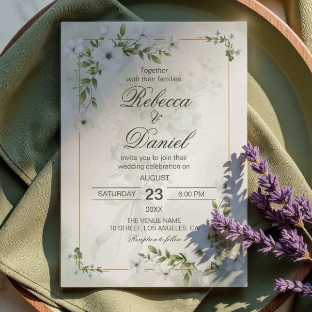 Elegant vit blomsterbröllop grönska guld ram inbjudningar (Skapare uppladdad)
