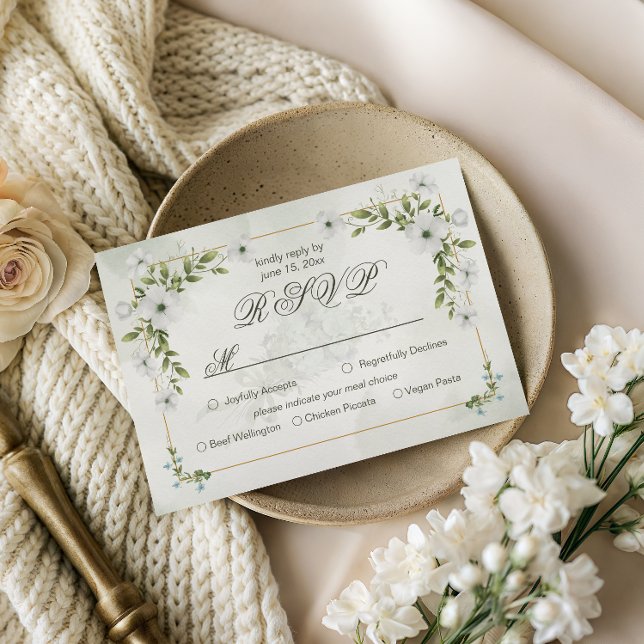 Elegant vit blomsterbröllop med måltidsval OSA kort (Skapare uppladdad)