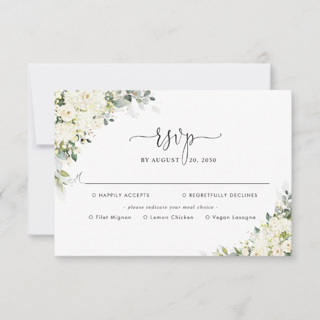 Elegant vit blomsterbröllop med måltidsval RSVP OSA Kort (Framsida)