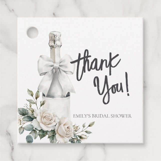 Elegant vit blomsterbrunch och bubbelvin gåvor etiketter (Framsida)
