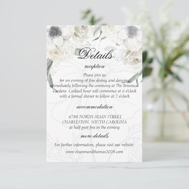 Elegant vit blomstergrönska bröllopsdetaljkort tilläggskort (Stående Fram)