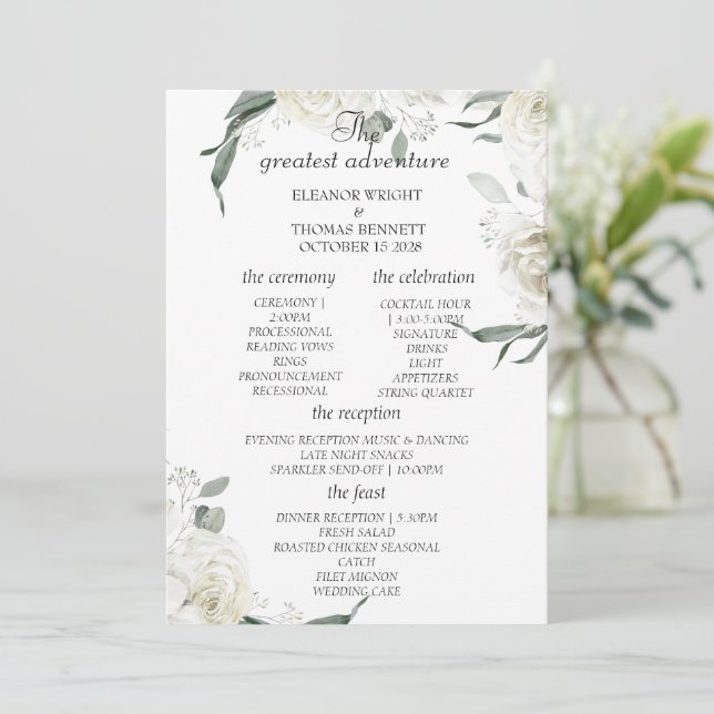 Elegant vit blomstergrönska bröllopsprogramkort program (Stående Fram)