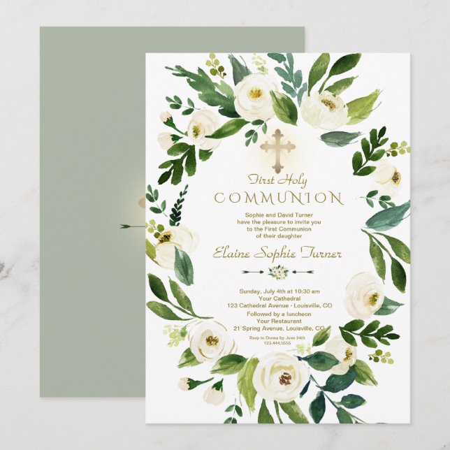 Elegant vit blomsterkrans kors helig kommunion inbjudningar (Fram/baksida)