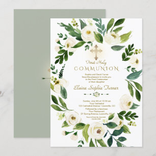 Elegant vit blomsterkrans kors helig kommunion inbjudningar