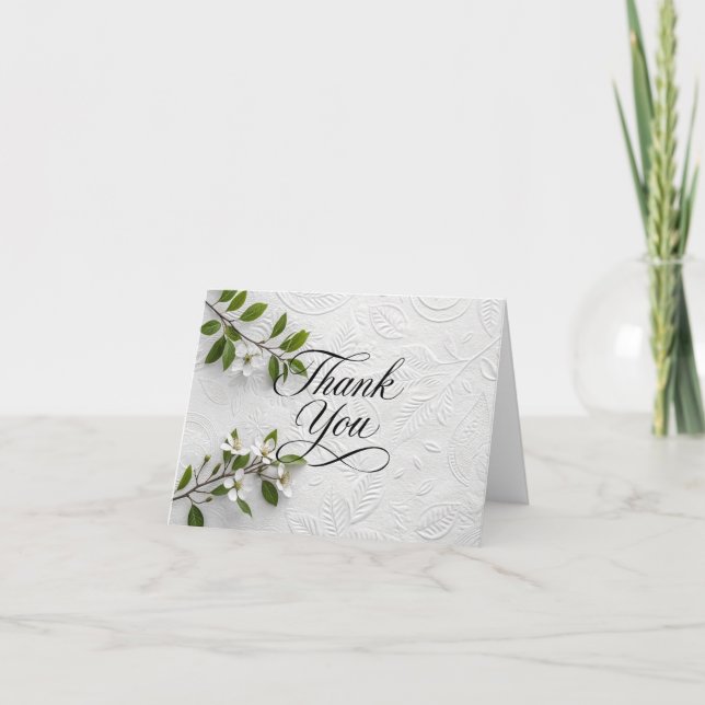 Elegant vit blomsterpräglad textur tack  kort (Framsida)