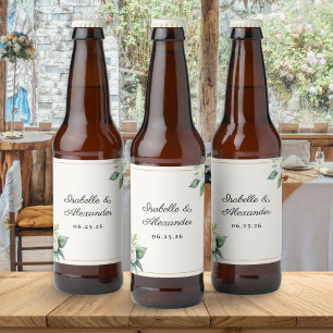 Elegant vit botanisk bröllopspresent ölflaska etikett