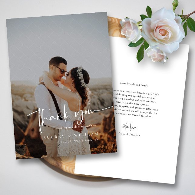Elegant Vit bricköverlägg Modern calligrafi Tack Kort (Elegant White Brick Overlay Modern Calligraphy Thank You Card)
